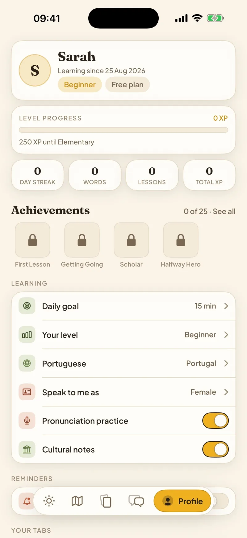Aprender profile with streaks and progress