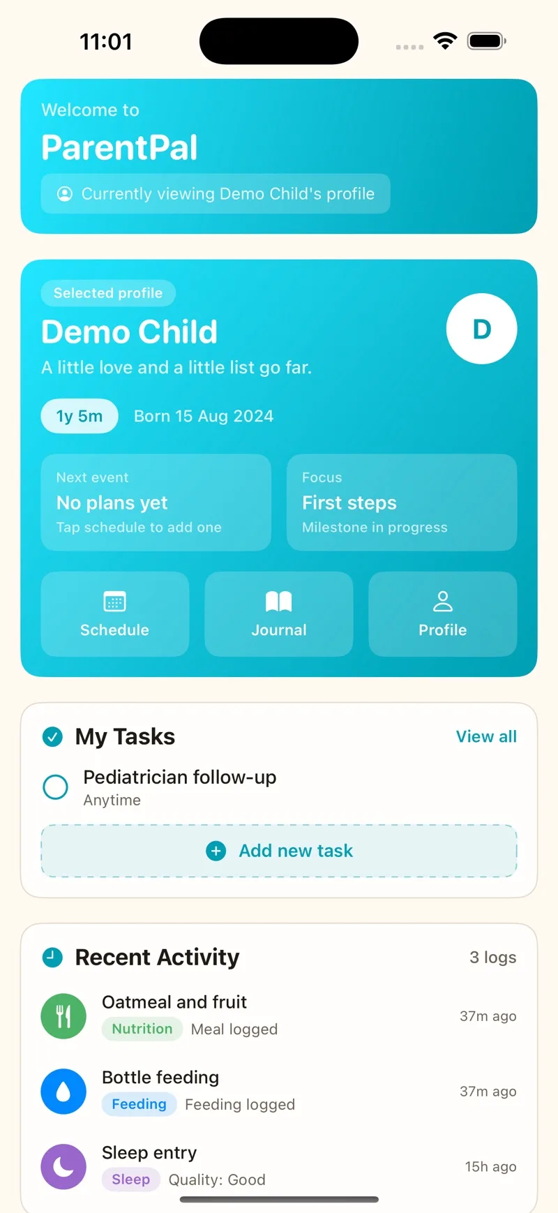 ParentPal dashboard with today's feeds and sleep