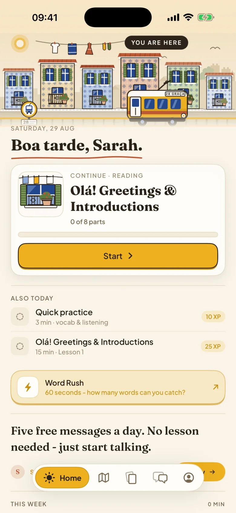 Aprender's Portuguese learning app showing daily lessons
